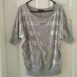 Grey & silver sequin bat wing sleeve shirt