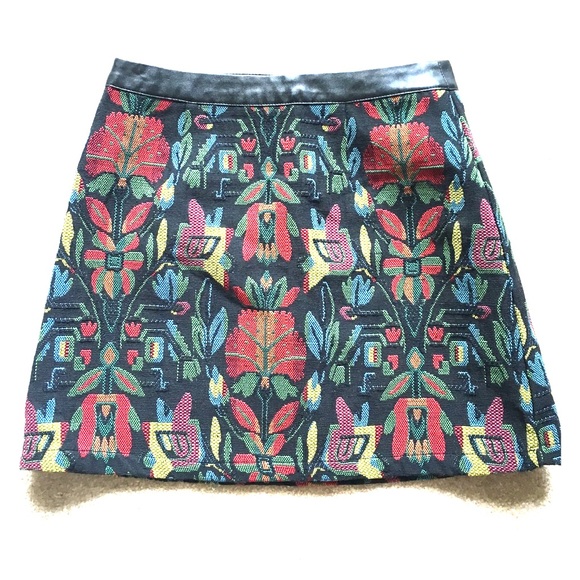 Woven Tapestry Floral Mini Skirt with Leather Trim