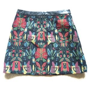 Woven Tapestry Floral Mini Skirt with Leather Trim