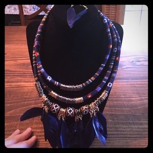Blue Feathered Festival Necklace and Earring Set