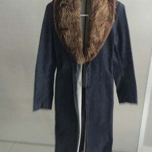 Theory jean coat with belt and faux fur collar