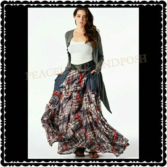 **SOLD***FLASH SALE Red Plaid Boho Maxi Skirt - Picture 3 of 4