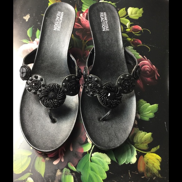 Kenneth Cole Reaction Black Beaded Wedge Sandals