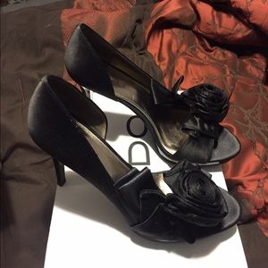 Black Satin Peep-toe Pumps