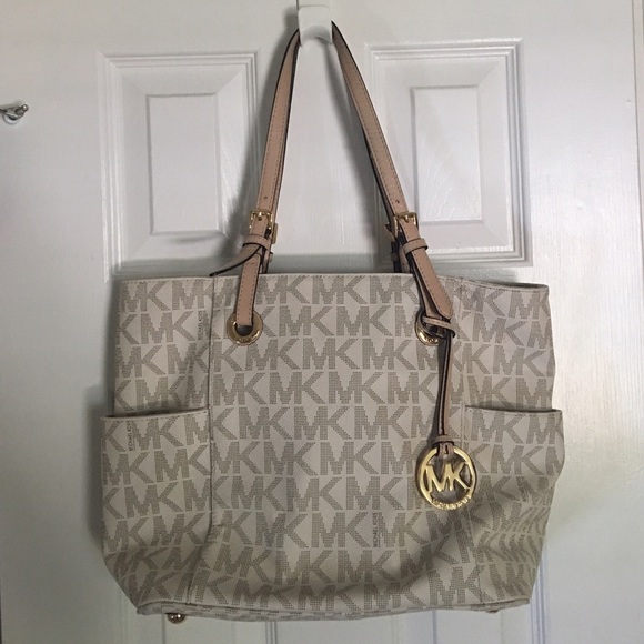 Michael Kors Tote Purse White Tan Cream Bag