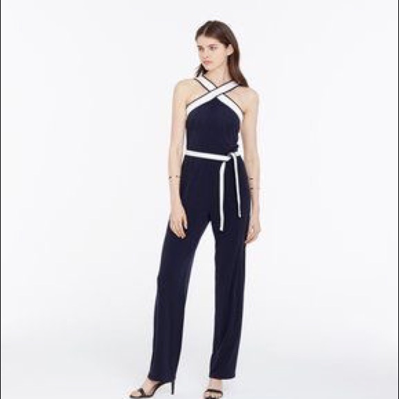 Ann Taylor Navy Blue and White Jumpsuit