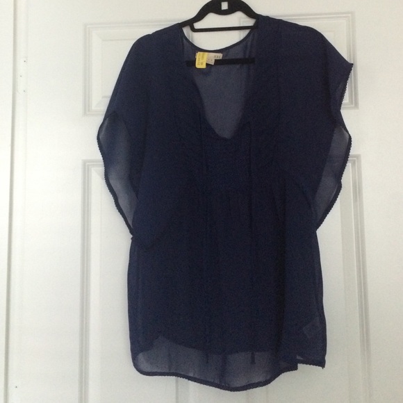 XXI sheer navy tie neck blouse w/ dolman sleeve