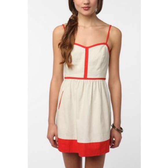 White + Red Linen Contrast Trim Dress