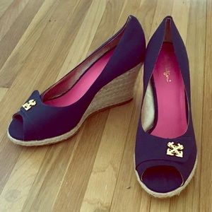 Lilly Pulitzer dark blue canvas peep toe wedges.