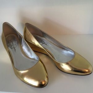 Metallic gold low wedge shoes