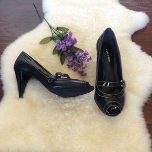 Mixed leather black Mary Jane heels