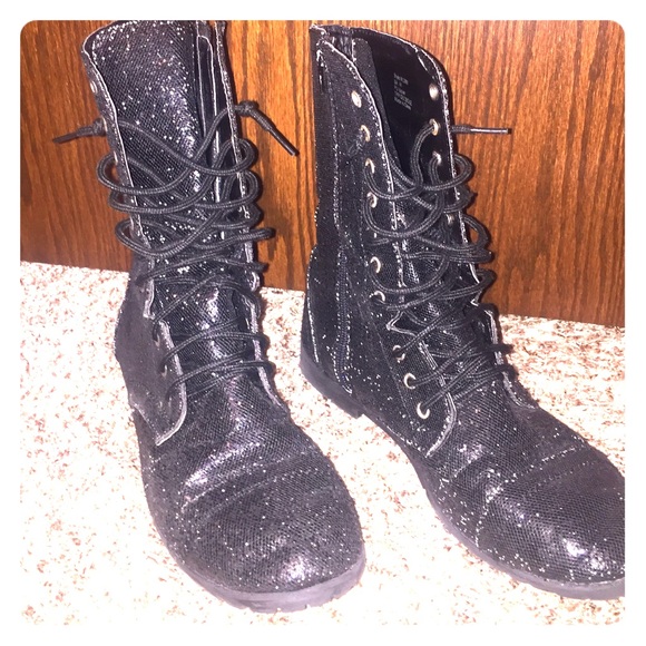 Black sparkly combat boots