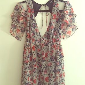 Olivaceous grey, red and blue floral mini dress.