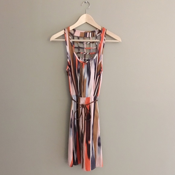 Painterly Tie-waist Dress with Lattice Back Detail