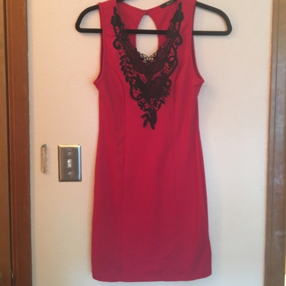 Fitted red dress w/black lace. Homecoming/parties!