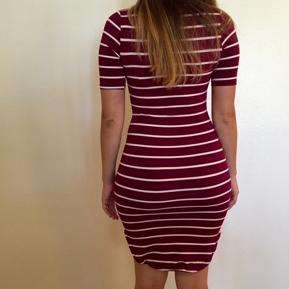 Burgundy Striped Curved Hem Midi Dress - Picture 2 of 4