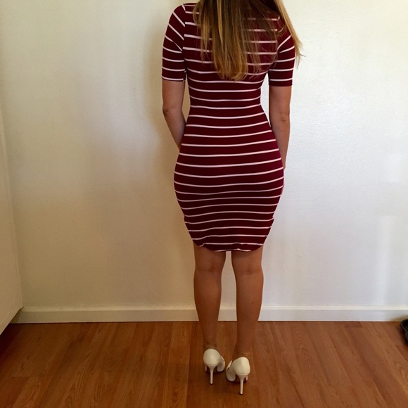 Burgundy Striped Curved Hem Midi Dress - Picture 3 of 4