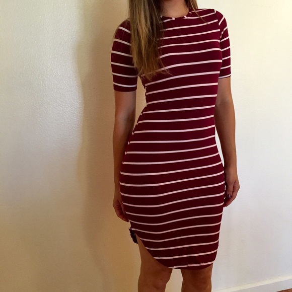 Burgundy Striped Curved Hem Midi Dress - Picture 4 of 4