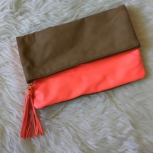 Faux Leather Tan & Hot Pink Fold Over Clutch