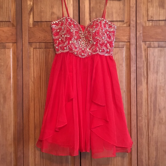 Red, short, beaded homecoming dress from promgirl