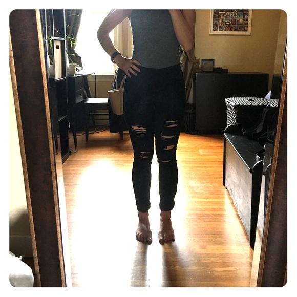 High waisted ripped skinny black jeans