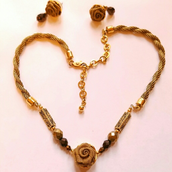 Gold Rose Necklace and Earrings