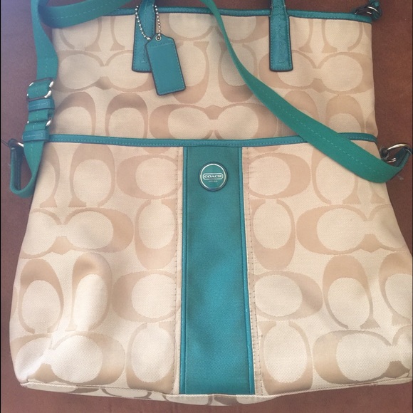 Coach signature stripe foldover crossbody tote.