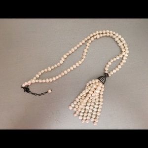 Fresh-water pearl and white topaz tassel necklace