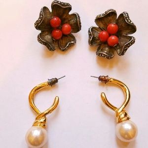 Gokd Pearl Earrings and Silver Flower Clips