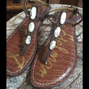 Sam E Giordana Beige Leather Bead & Stone Sandal