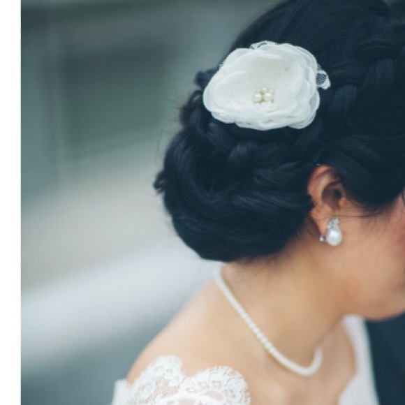 Ivory Chiffon Lace Pearl Flower Hair Piece Wedding