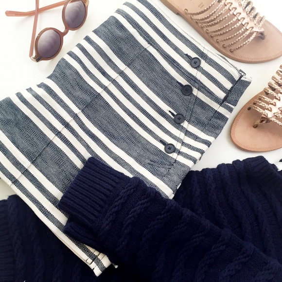 LOFT Pants - Navy and White Striped Button Accent Shorts