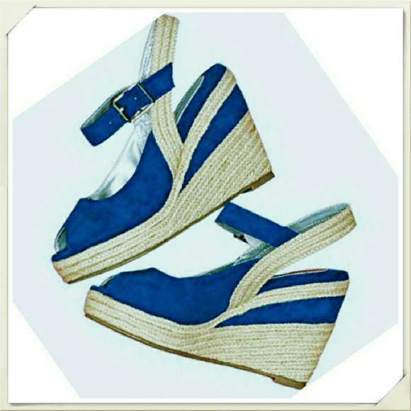 Shoes - Blue Ankle Wrap Espadrille Wedge
