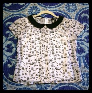 Peter pan collar owl print top