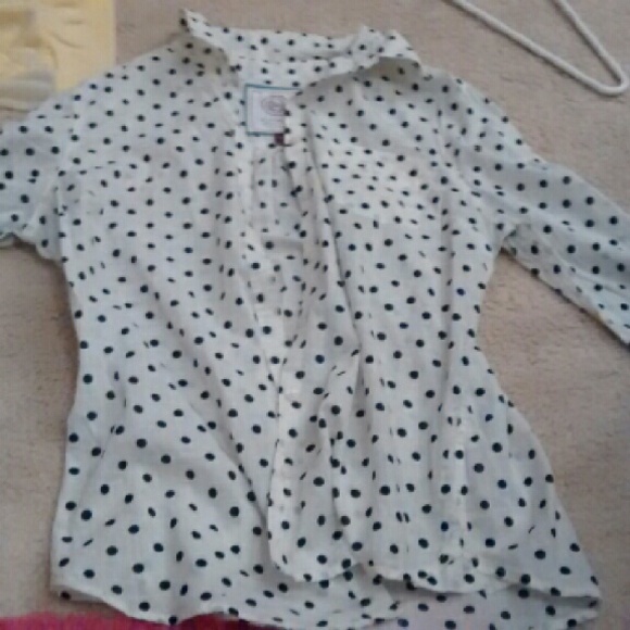 Navy and white polka dotted button down
