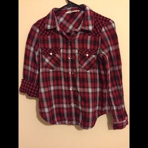 Red, black and white plaid shirt button down