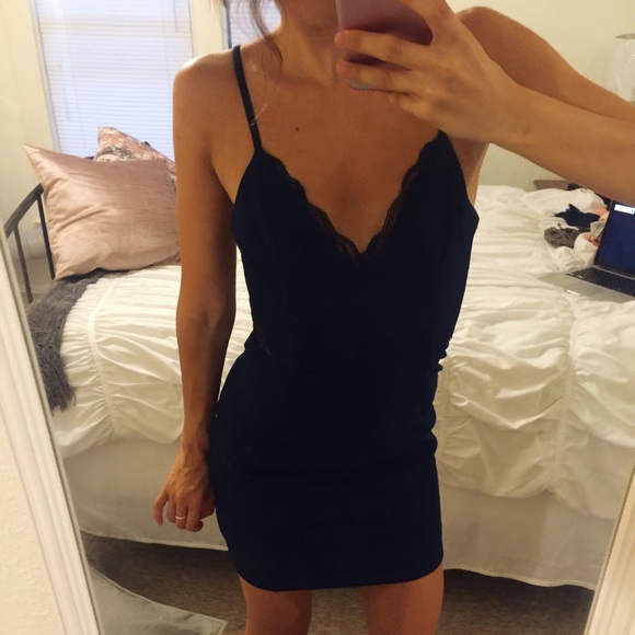 Lush Navy Bodycon Dress with Black Lace