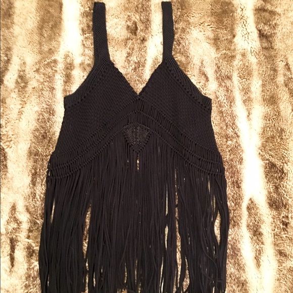 Urban outfitters black fringe crochet top