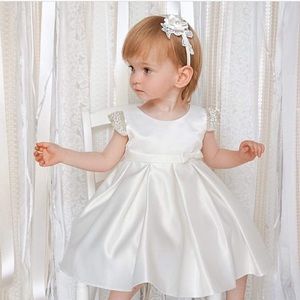 Petite Adele- Satin Dress with Beaded Cap Sleeves