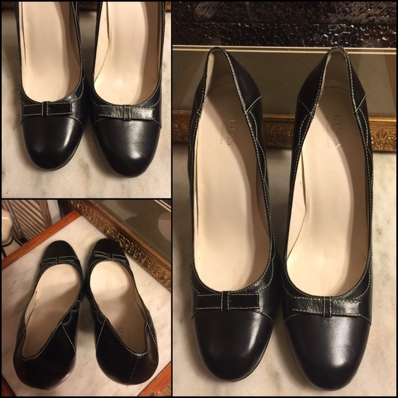 SZ 9 M-GUESS BLACK LEATHER 4" PUMPS /WHITE TRIM - Picture 3 of 4
