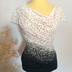 Max Studio asymmetrical rushed black dot/cream top