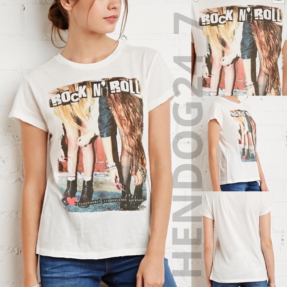 FOREVER 21 ROCK N ROLL DISTRESSED HEMS TEE