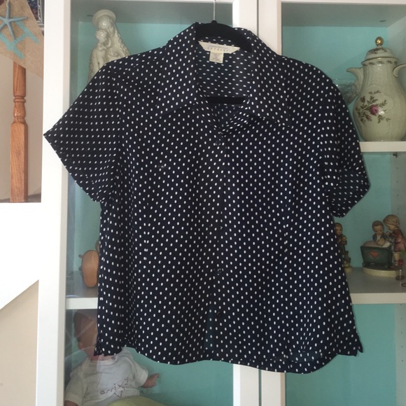 Express Navy and white polka dot sheer blouse