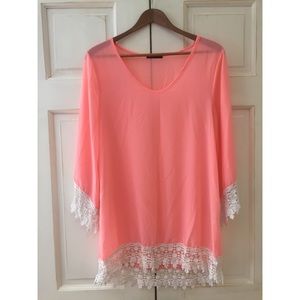Long sleeve pink scoop neck with white trim