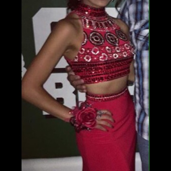 Red two piece Sherri hill prom dress