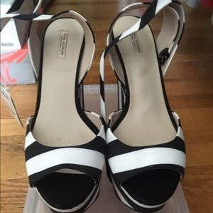 Zara Black and White Stripe Wedge Sandals