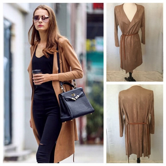 Camel long suede lapel jacket