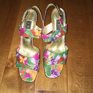 Vibrant colored snake print leather/gold heels