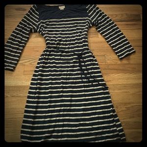 Navy and tan striped maternity dress
