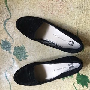Anne Klein comfy black suede stacked heel loafer.